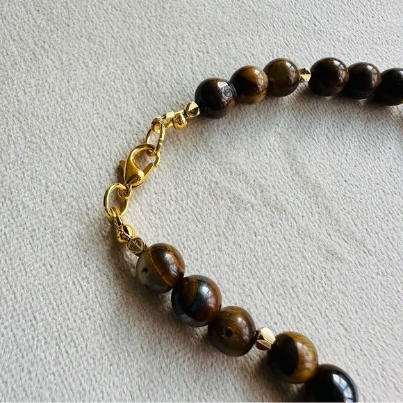 Genuine Tiger Eye Bead Necklace 18k Gold Plated Lion Pendant 18 Inches - Picture 9 of 17